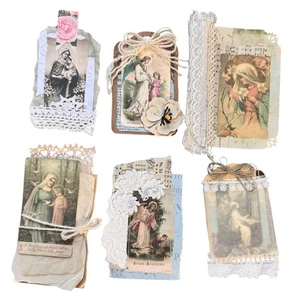 Junk Journal Tag 6 Cluster Embellishment Fabric Lace Paper Mary Jesus Shabby - Picture 1 of 9