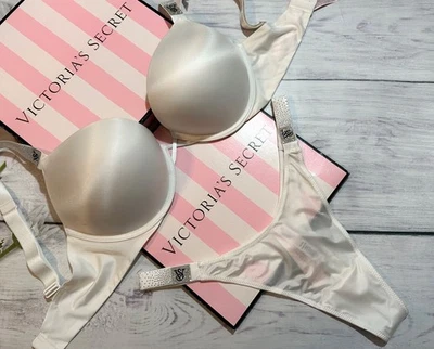 Victoria's Secret Shine Strap Bombshell Smooth Push-Up Bra Thong Set White 34D - Image 1 of 4
