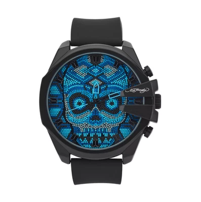 ED HARDY Oversized Skull Beaded Dial Wristwatch Blue Black Silicone Strap Watch - Image 1 of 4