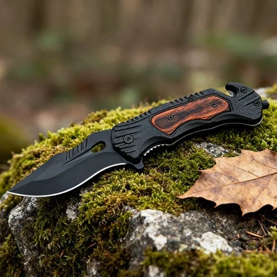 4.5 in Folding Knives EDC Pocket Knives For EDC, Camping,Tactical Wood Handle - Image 1 of 4
