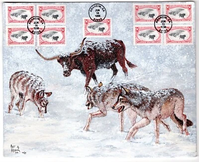 $1 Trans-Mississippi 1998 FDC Art Kober Hand-Painted Cattle & Wolves - Image 1 of 2