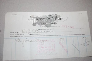 FACTURA DE COLECCIÓN A E. A. PLUMMER, HARRIS & FILLER GROCERS, FREDERICK, MD 1919 - Imagen 1 de 4