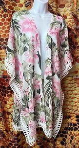 Temu Kimono Women One Size polyester floral open boho loose flowy top pink white - Picture 1 of 7