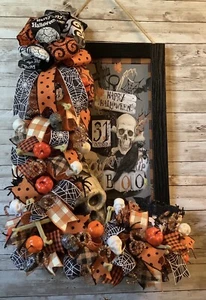 FALL HALLOWEEN LARGE DECO MESH BOO SKELETON WOOD WREATH FARMHOUSE DOOR HANGER 28 - Picture 1 of 4