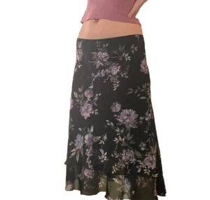 Vintage y2k Size M Low Waist Fairy Chiffon Layered Purple Floral Midi Skirt - Picture 1 of 5