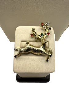 Vintage Gold Plated Reindeer Brooch with Multicolor Rhinestone Antlers - Picture 1 of 5
