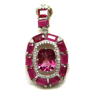 925 Argento Sterling Rosa Topazio Mistico,Rubino & Zircon Ciondolo Bianco Dorato - Foto 1 di 4