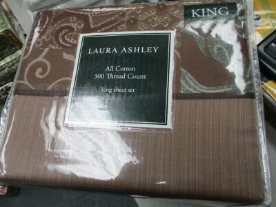 LAURA  ASHLEY KING SHEET Set 4PC 100% COTTON 300 COUNT BRAND NEW BROWN DESIGN  - Image 1 of 4