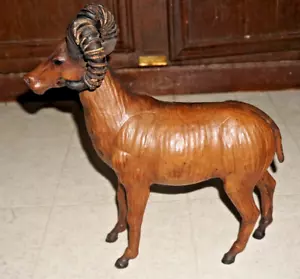 Vintage Large Leather Wrapped Brown Ram 1970's Animal Statue Art 13" Sculpture - Picture 1 of 8