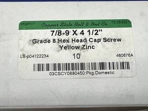 SET BESTEHEND AUS 10 - 7/8-9 x 4,5 Zoll Sechskantschraube gelb Zink Klasse 8 Kupfer Zustand - KOSTENLOSER VERSAND - Bild 1 von 3