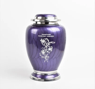 Cremation Ashes Adult Large Urn Fully Personalised Purple Lilies Funeral Memoria - Image 1 of 2