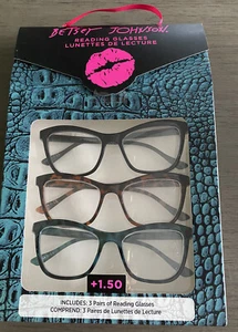 Betsey Johnson 3 Stück schwarz, schildpatt, blau Lesebrille +1,50 Neu im Karton - Bild 1 von 5