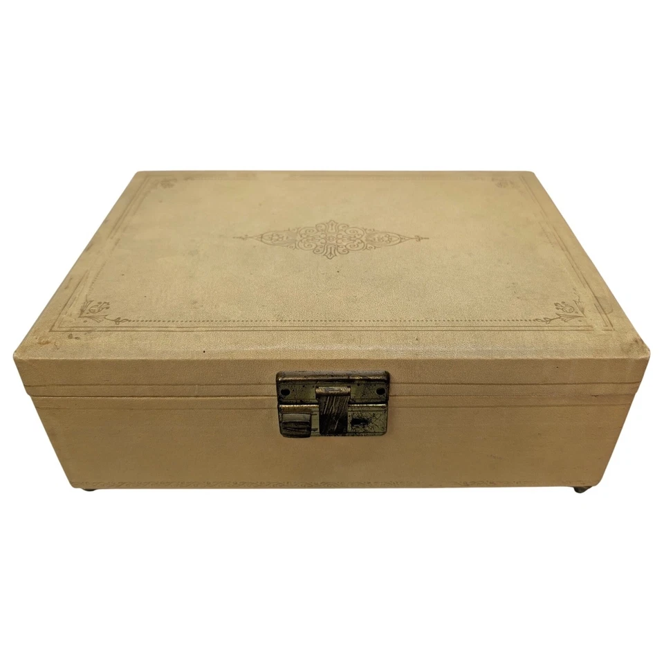 Vintage Musical Jewelry Box Yellow Green Velvet Lining 2 Tier Tested Works 10x7 - Image 1 of 4