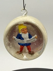 VTG Glass Diorama Gnome CAROLER Indented Sphere BALL Christmas Ornament Germany - Picture 1 of 11