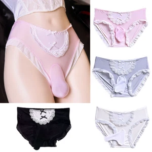 Sexy bragas para hombre satinadas con volantes de encaje travesti lencería gay ropa interior - Imagen 1 de 27