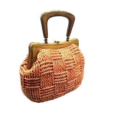 Vintage 1950s Orange Raffia Purse Wood Frame Handbag Unique Femme Rockabilly - Imagem 1 de 4