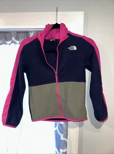 The North Face Hooded Jacket Girls Small 7/8 Full Zip Fleece Blue, Pink, Grey - Picture 1 of 3