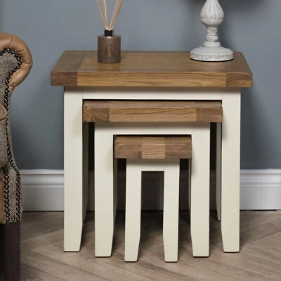 Elm Home And Garden Painted White Cream Oak Side End Lamp Nest Of 3 Tables - Image 1 of 4