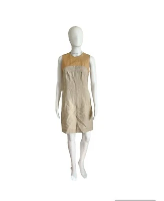 Vestido Vaina Derek Lam Beige Tostado Lino Cuero Talla 4 Foto 1 de 4