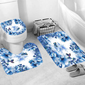 Floral Butterfly Shower Curtain Bathroom Rug Set Bath Mat Toilet Lid Cover