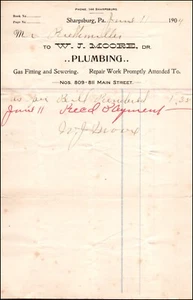 Sharpsburg PA 1904 Billhead W. J. Moore plomería gas alcantarillado 809-811 Main Street - Imagen 1 de 2