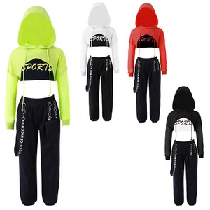 Girls 3Pcs Hip-hop Street Dance Outfits Hoodie Crop Top Cargo Pants Jazz Costume - Picture 1 of 38