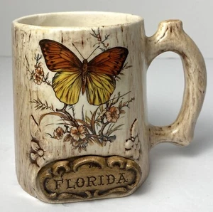 Vintage Treasure Craft FLORIDA Butterfly Mug Coffee Cup Stein 1970s Wood Kitsch - Picture 1 of 15