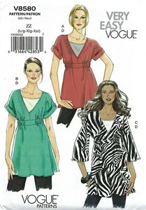 RARE Vogue V8580 Kimono Sleeve Tunic & Sleeveless Shell Sz 16-26 UNCUT OOP EASY - Picture 1 of 5