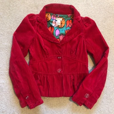 Anthropologie Elevenses Red Corduroy Peplum Jacket Womens Size 2 Preppy Academia - Image 1 of 4