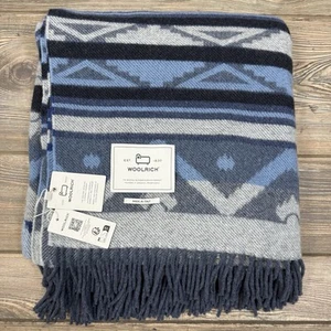 Woolrich Melton Blue Gray Navy Aztec Fringe Wool Throw Blanket 60" X 54" NWT - Picture 1 of 4