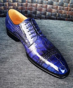Neu Herren Handgefertigt Blau Krokodildruck Leder Derby Schnürschuhe Zehenkappe Elegant Schuhe - Bild 1 von 5