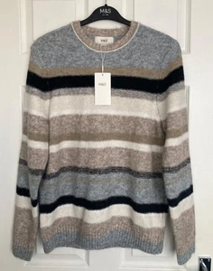NEW M&S Mens Grey Mix Striped Crew Neck Jumper with Wool Size L - Picture 1 of 2