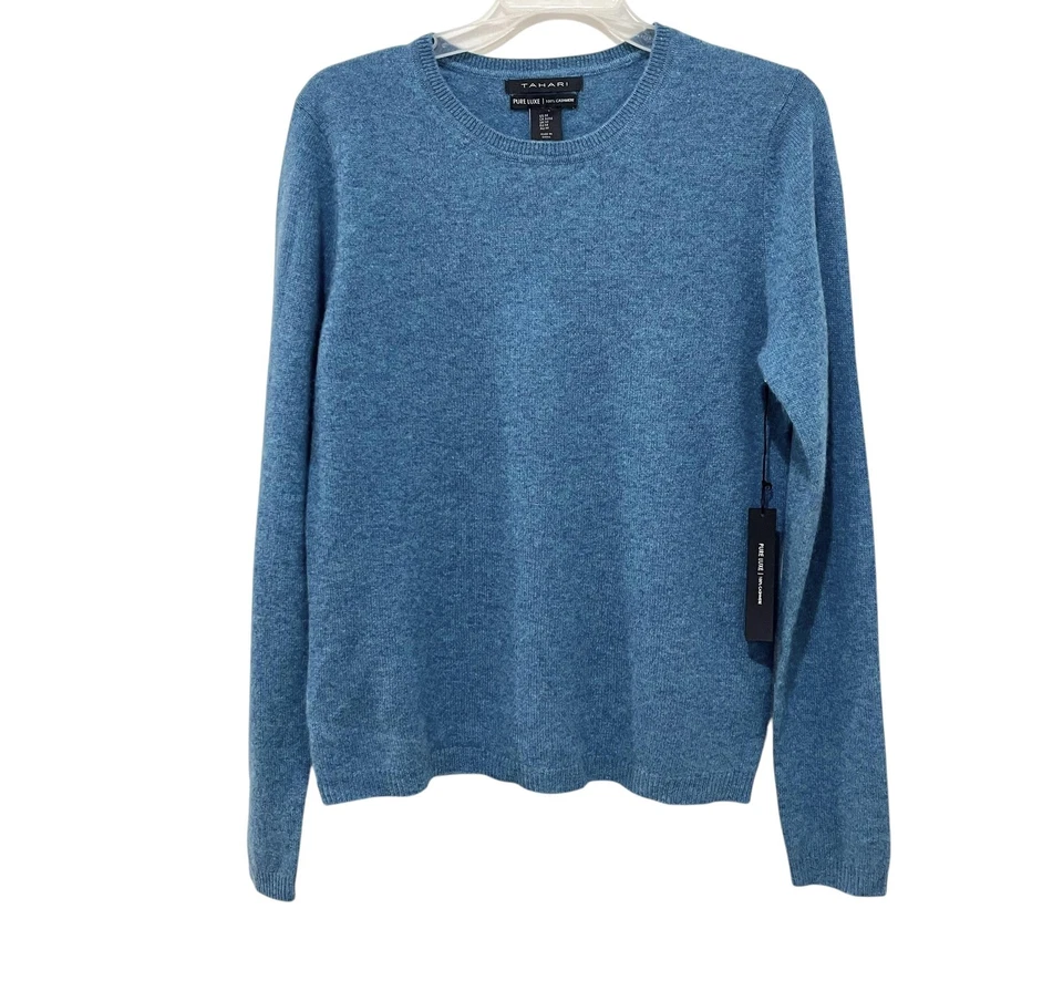 Suéter Tahari para mujer azul puro lujo 100 % cachemir cuello redondo manga larga Foto 1 de 4