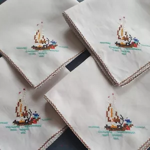 More details for set of 4 vintage napkins, hand embroidered cross stitch oriental boatman