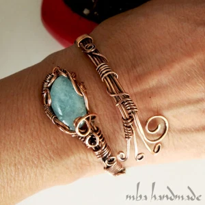 Women's Natural Aquamarine Crystal Wire Wrapped Copper Cuff Handmade Bracelet - Picture 1 of 2