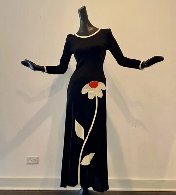 Maxi Vestido De Colección Talla S XS 60s 70s Flower Power Apliqué Poliéster Jersey Negro MOD Foto 1 de 4