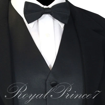 BLACK Solid Vest Waistcoat and Straight Bow Tie Suit or Tuxedo Wedding Party 10B - Image 1 of 4