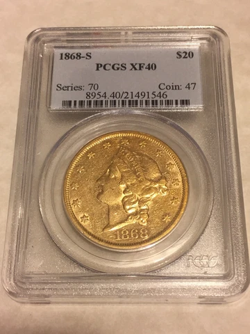 1868-S $20 PCGS XF40 Liberty Double Eagle Gold Coin PQ lustrous eyeclean Cover