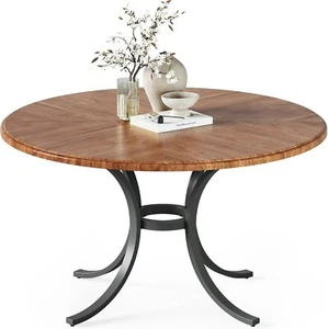 Modern Round Dining Table for 4-6 Metal Frame Base Rustic Kitchen Table - Picture 1 of 9
