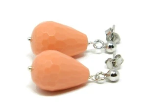 Orecchini pendenti gocce sfaccettate pasta di corallo rosa salmone, argento 925 - Foto 1 di 4