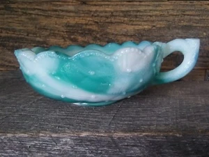 IMPERIAL TEAL GREEN SWIRL GLASS BOWL/CANDY DISH WITH HANDLE - Picture 1 of 5