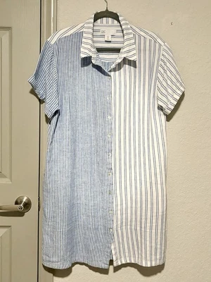 Vestido camisero C&C California XL para mujer azul blanco a rayas mezcla de lino con botones Foto 1 de 4