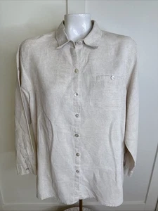 Chico's Design Womens Size 2 Beige 100% Linen Collared Long Sleeve Button Blouse - Picture 1 of 5
