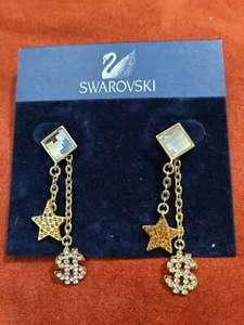 Swarovski Swan signed gold tone dollar sign crystal pierced earrings - Picture 1 of 1