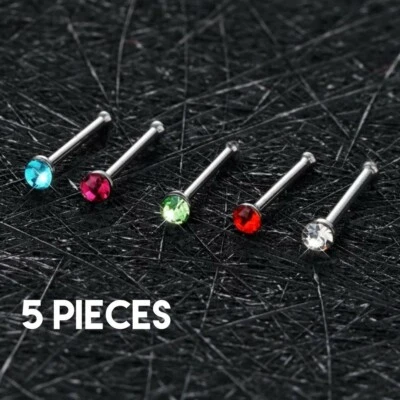 5 Piece Lot Surgical Steel Pin Shaped Silver Nose Rings Random Colors Studs 20G - Image 1 of 4