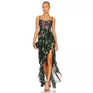 Katie May Senorita Gown Black Lace Bustier Green Ruffled Sleeveless Slit Sz S - Picture 1 of 14