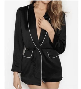 Victoria's Secret schwarze Satinjacke mit Bindegürtel Größe Large Quasten - Bild 1 von 8