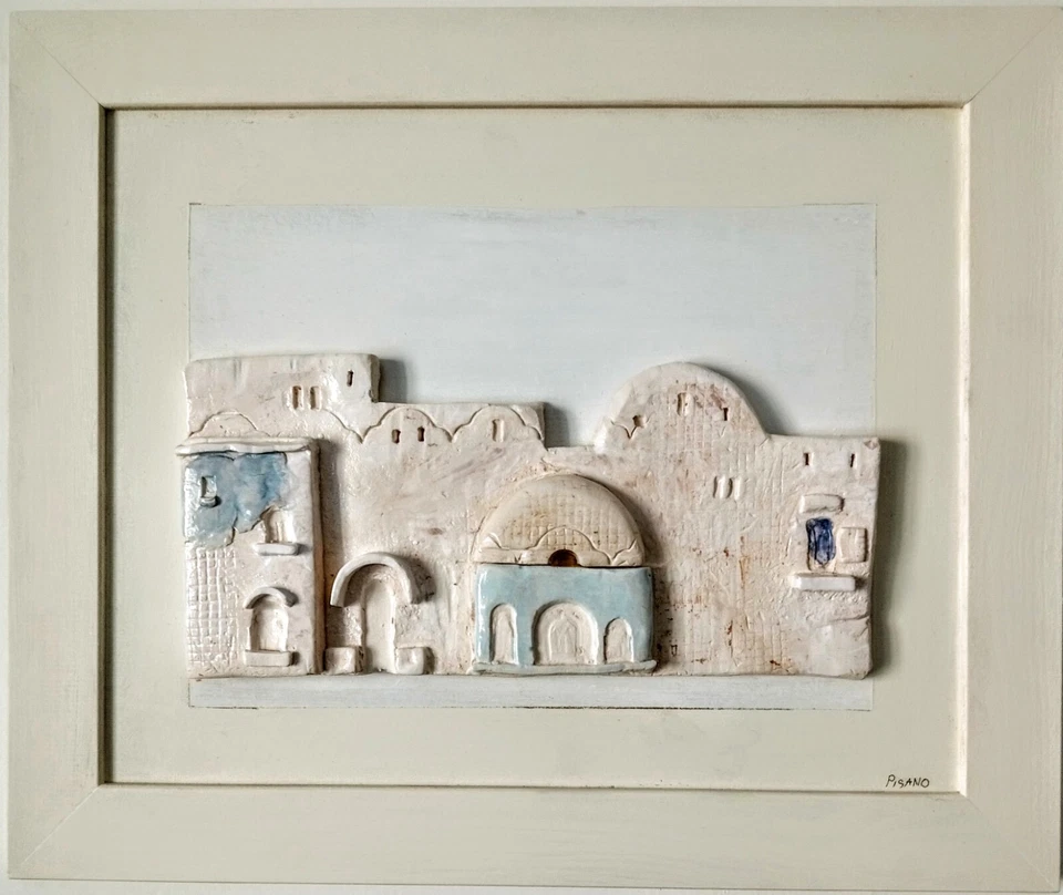 ceramica  su legno  piccole case mediterranee in terracotta lavorate a mano  - Immagine 1 di 1