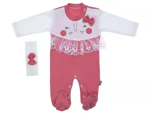 Baby Mädchen Strampler mit Fuß + Stirnband, rosa, lila, Baumwolle, Gr 50, 56, 62 - Bild 1 von 3
