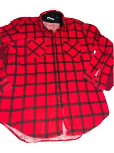 Vtg RED Fieldmaster FLANNEL SHIRT Wide black Plaid cotton 2 Pockets MENS LARGE L - Picture 1 of 11